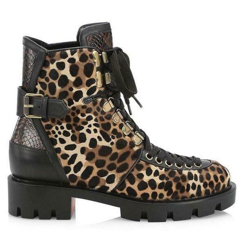 NIB Christian Louboutin MACADEMIA Leopard Pony Lace Up Moto Biker Combat Boots - Picture 2 of 12
